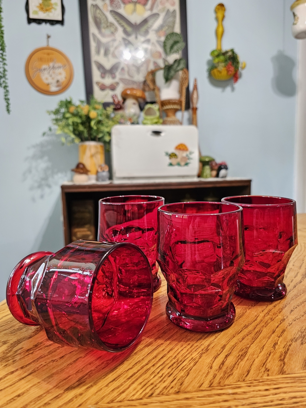 Vintage MCM Ruby Red Set of 4 Georgian Honeycomb Viking Glass Lowball Tumbler